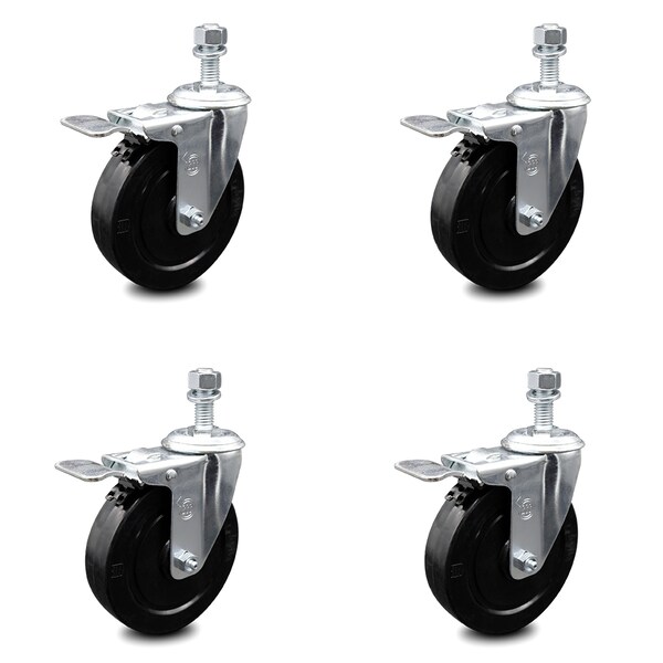 5 Inch Soft Rubber Wheel Swivel 1/2 Inch Stem Caster Set with Total Lock Brake SCC